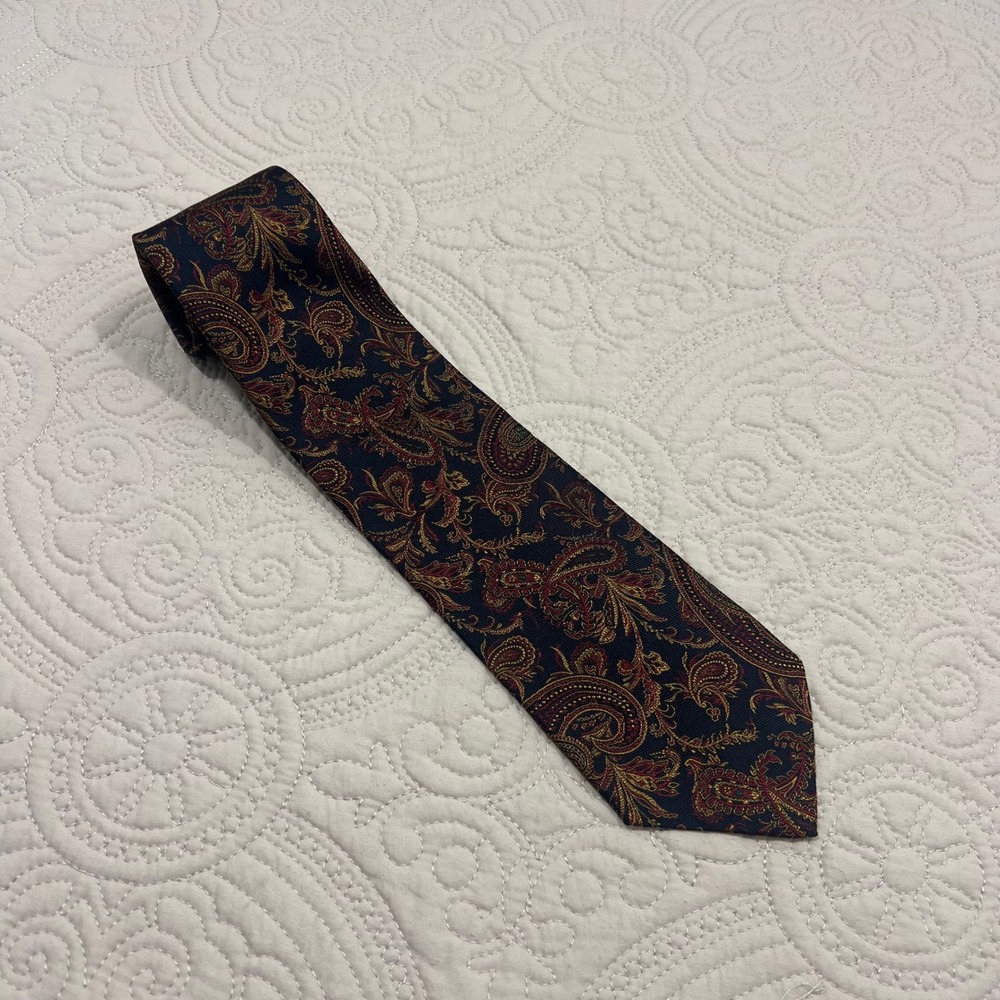 Polo Ralph Lauren Mens Silk Paisley Tie Navy Blue Red Gold Made in USA Hand Made